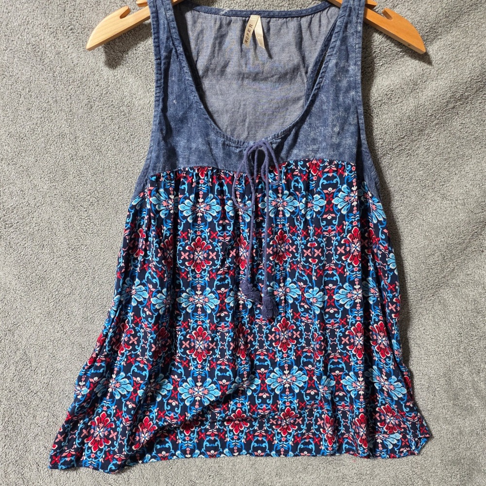Roper Womens Floral Medallion Mixed Media Tank Top Blue Red Boho Country L